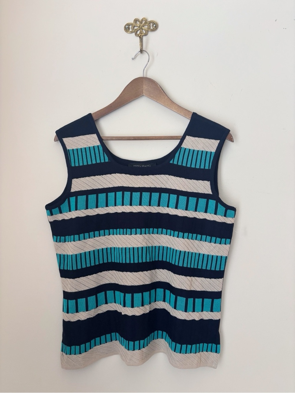 Ming Wang Navy & Teal Striped Knit Tank Top Shell Large NEW NWOT Quiet Luxury